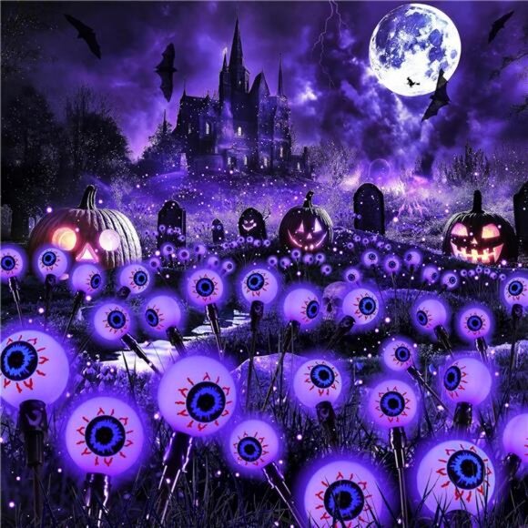 2 Pack 12 LED Solar Eyeball Lights, Halloween Decorations Firefly - Picture 1 of 8